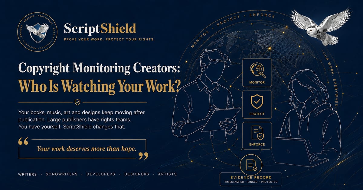 ScriptShield banner for Copyright Monitoring Creators: Who Is Watching Your Work, with monitor, protect and enforce steps
