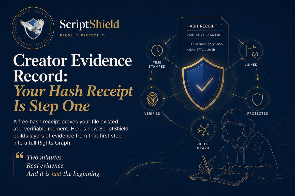 ScriptShield banner for Creator Evidence Record: Your Proof Receipt Is Step One