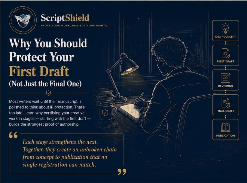 ScriptShield banner for Why You Should Protect Your First Draft, showing a writer beginning a new manuscript